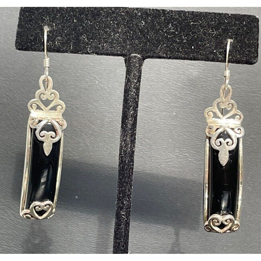 925 STERLING  SILVER ONYX 2'' LONG DANGLE  EARRINGS SKY