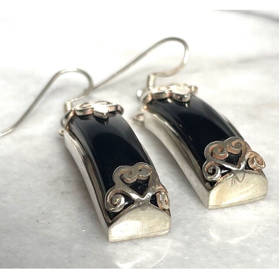 925 STERLING  SILVER ONYX 2'' LONG DANGLE  EARRINGS SKY