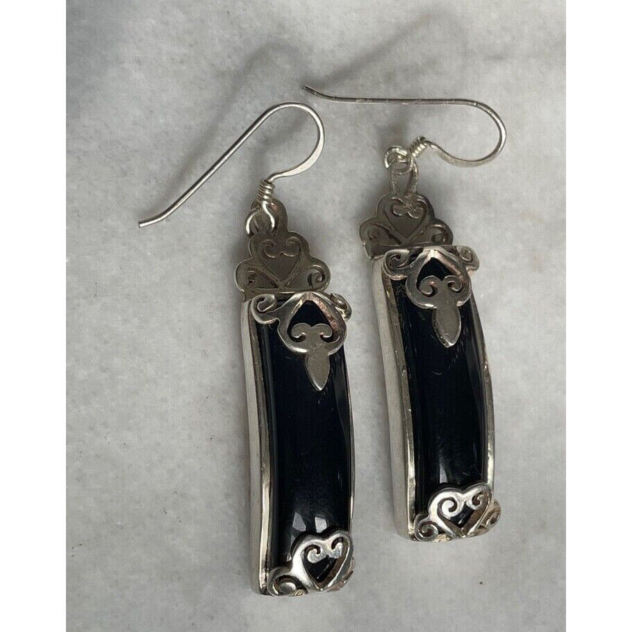 925 STERLING  SILVER ONYX 2'' LONG DANGLE  EARRINGS SKY