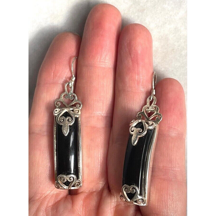 925 STERLING  SILVER ONYX 2'' LONG DANGLE  EARRINGS SKY