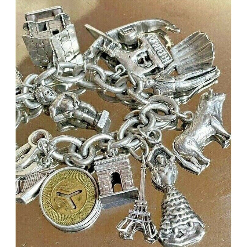 MASSIVE 925 STERLING SILVER  CHARM BRACELET. 20 CHARMS. 101.9 GRAMS SKY