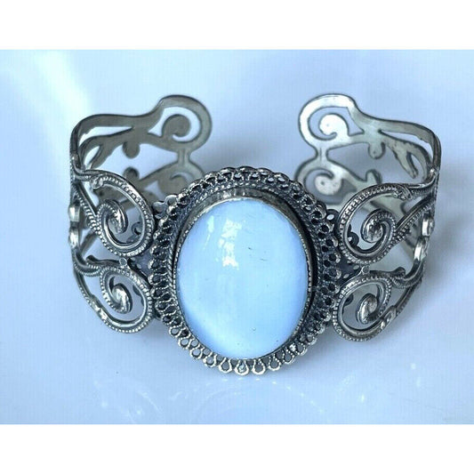 BEAU ORNATE 925 STERLING SILVER AND CAT'S EYE ART GLASS BRACELET SKY