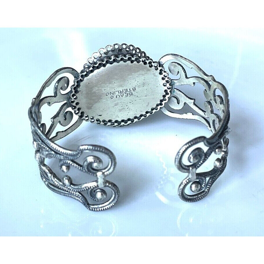 BEAU ORNATE 925 STERLING SILVER AND CAT'S EYE ART GLASS BRACELET SKY