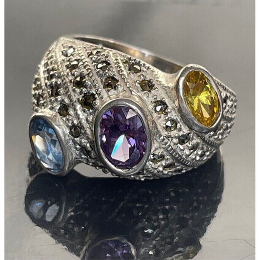 925 STERLING SILVER MULTI GEMSTONES & MARCASITES RING SIZE 6.75 SKY