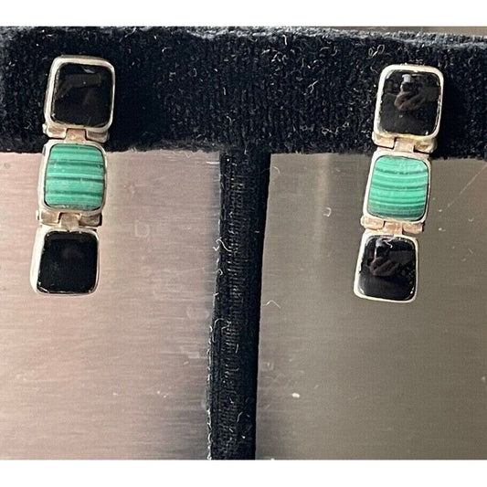 925 STERLING  SILVER MALACHITE & ONYX SECTIONAL STUD EARRINGS SKY