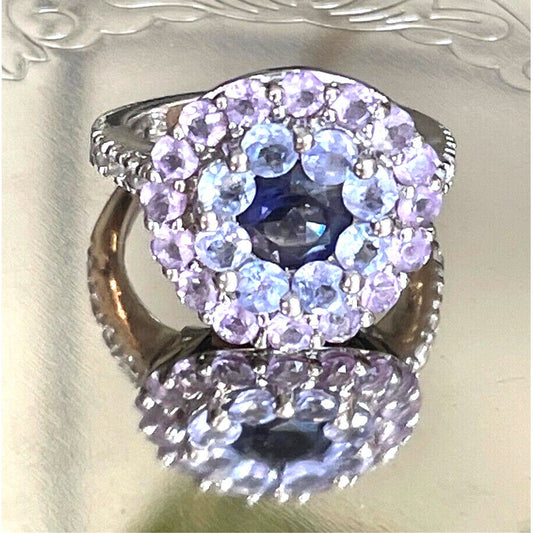 925 STERLING SILVER IOLITE,TANZANITE & TOPAZ COCKTAIL RING SIZE 5 SKY