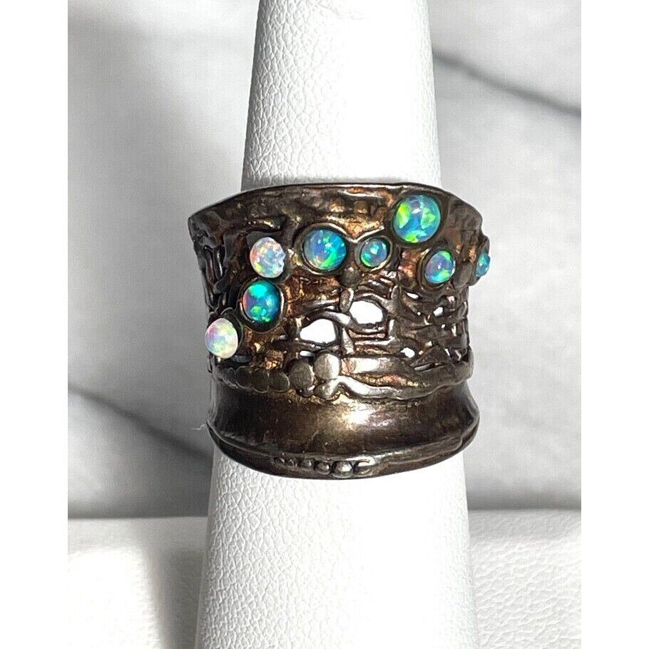 925 BLACKENEED STERLING SILVER & FAUX OPAL SADDLE RING SIZE 7 SKY