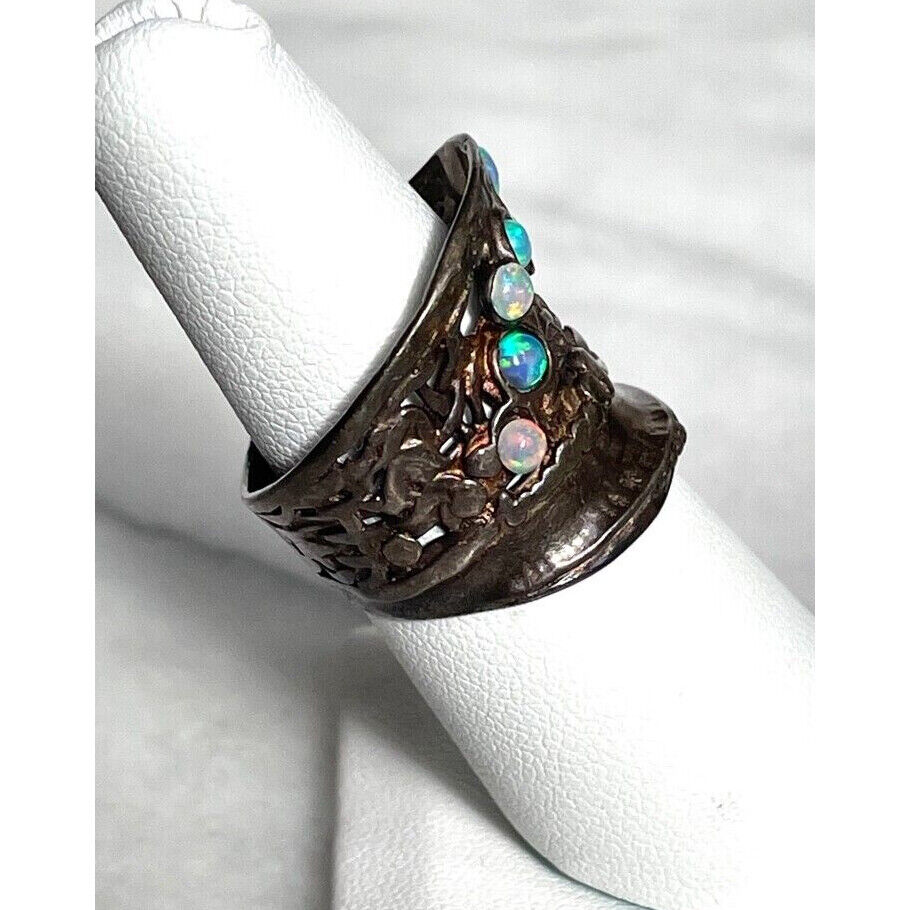 925 BLACKENEED STERLING SILVER & FAUX OPAL SADDLE RING SIZE 7 SKY