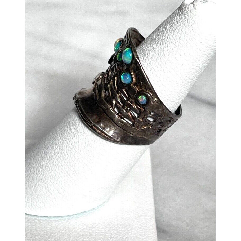 925 BLACKENEED STERLING SILVER & FAUX OPAL SADDLE RING SIZE 7 SKY