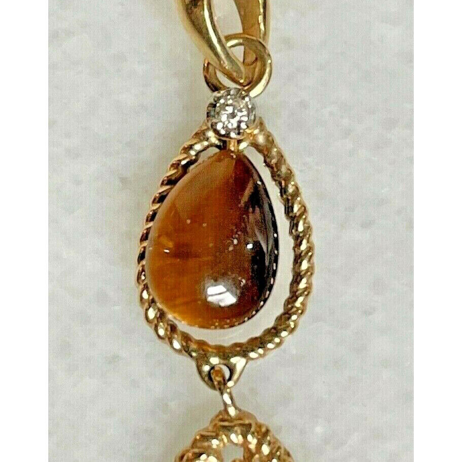 14K YELLOW GOLD & TIGER'S EYE CHANDELIER PENDANT NECKLACE SKY