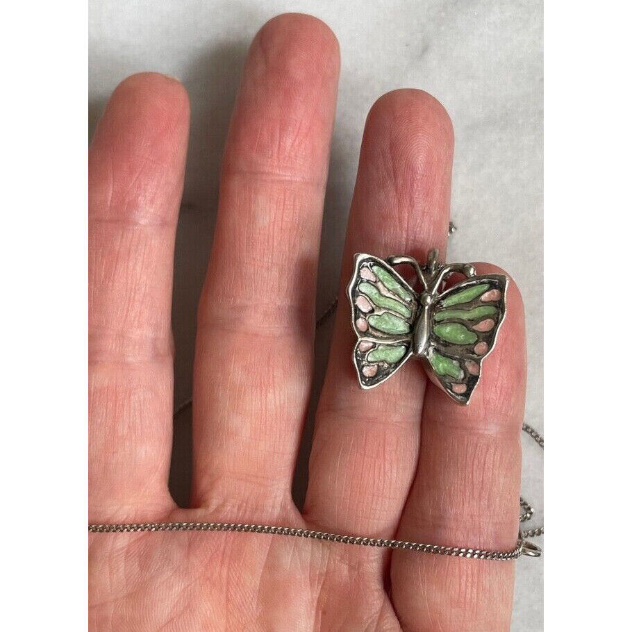 925 STERLING SILVER AND ENAMEL BUTTERFLY PENDANT NECKLACE SKY