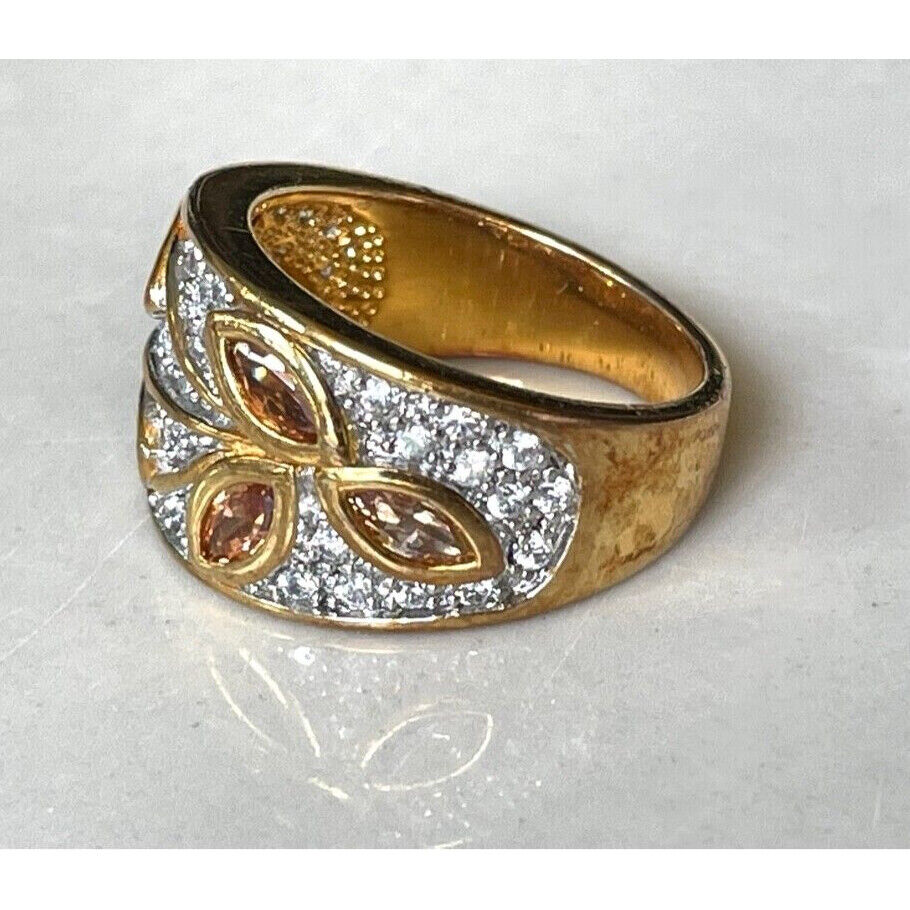 925 STERLING SILVER VERMEIL YELLOW & CLEAR CZ'S BAND RING  SIZE 8 SKY