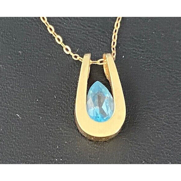 14 KT YELLOW GOLD & BLUE TOPAZ PENDANT NECKLACE SKY