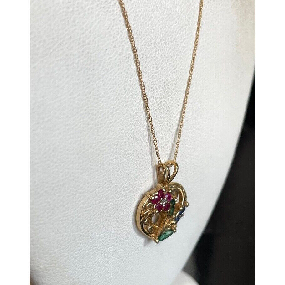 YELLOW GOLD MULTI GEMSTONE DIAMOND HEART PENDANT NECKLACE SKY