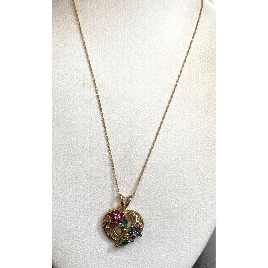 YELLOW GOLD MULTI GEMSTONE DIAMOND HEART PENDANT NECKLACE SKY