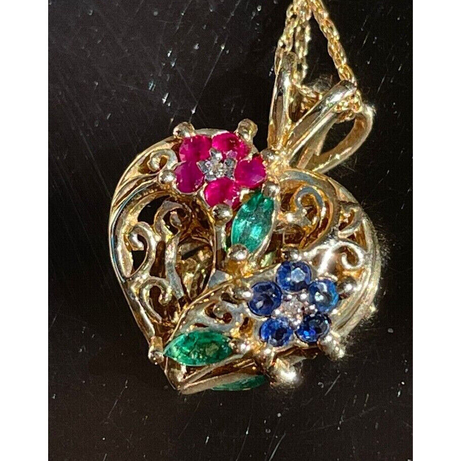 YELLOW GOLD MULTI GEMSTONE DIAMOND HEART PENDANT NECKLACE SKY