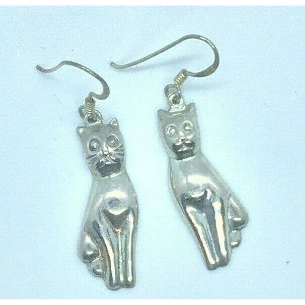 CUTE 925 STERLING SILVER KITTY CAT DANGLE EARRINGS SKY