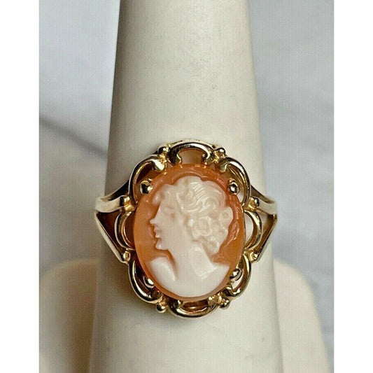 vVINTAGE 14k YELLOW GOLD CARVED SHELL CAMEO RING SIZE 6.75 SKY