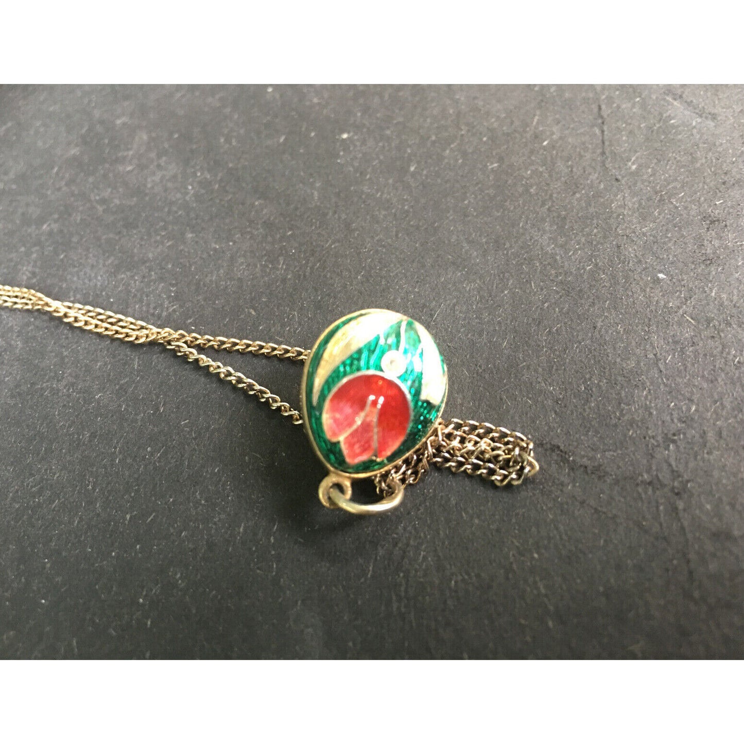 STERLING SILVER VERMEIL GUILLOCHE ENAMEL EGG WITH TULIPS PENDANT ON CHAIN SKY