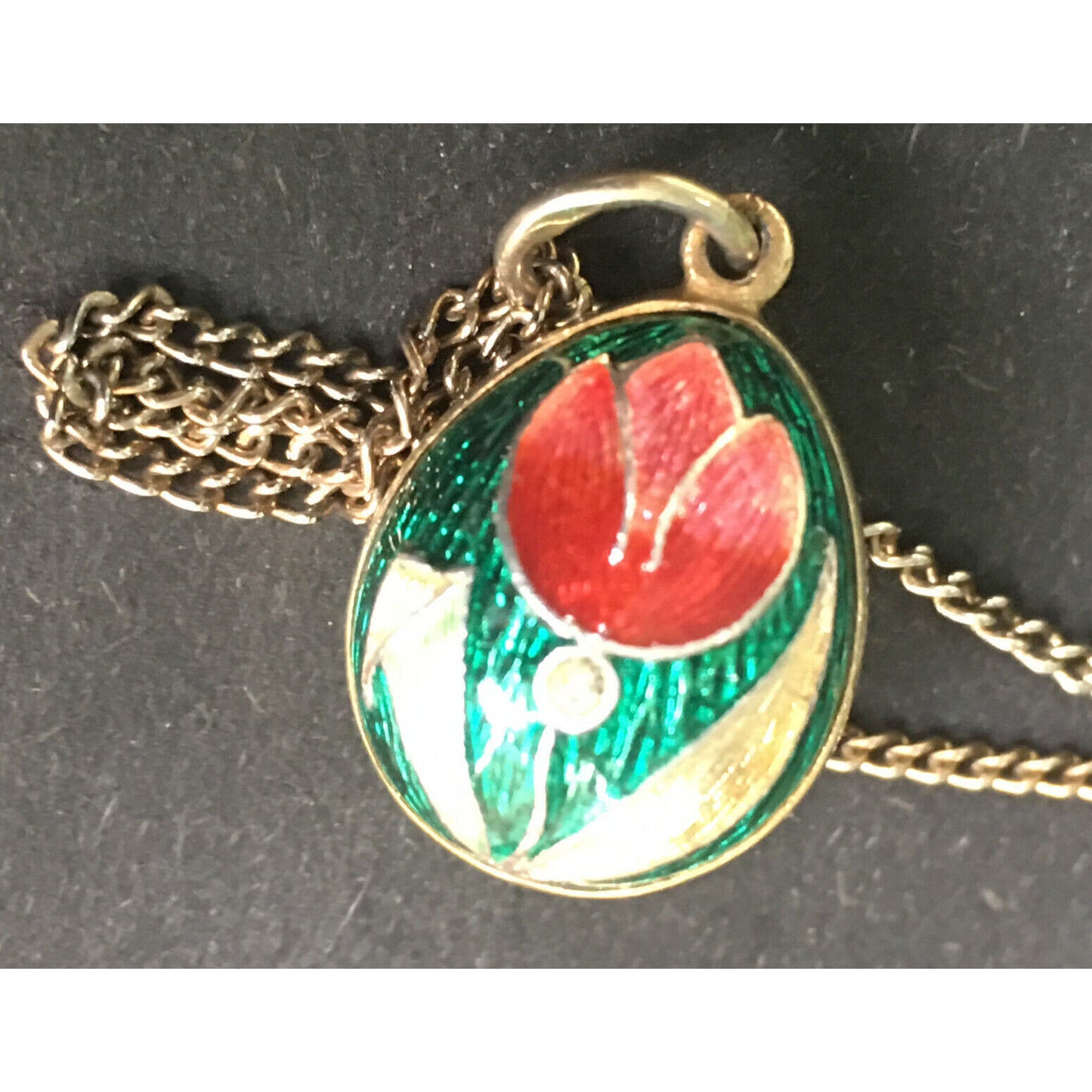 STERLING SILVER VERMEIL GUILLOCHE ENAMEL EGG WITH TULIPS PENDANT ON CHAIN SKY