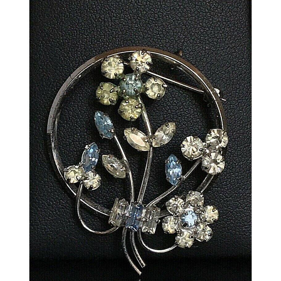 ELEGANT D'OR 925 STERLING SILVER BLUE & CLEAR RHINESTONES FLORAL BROOCH SKY