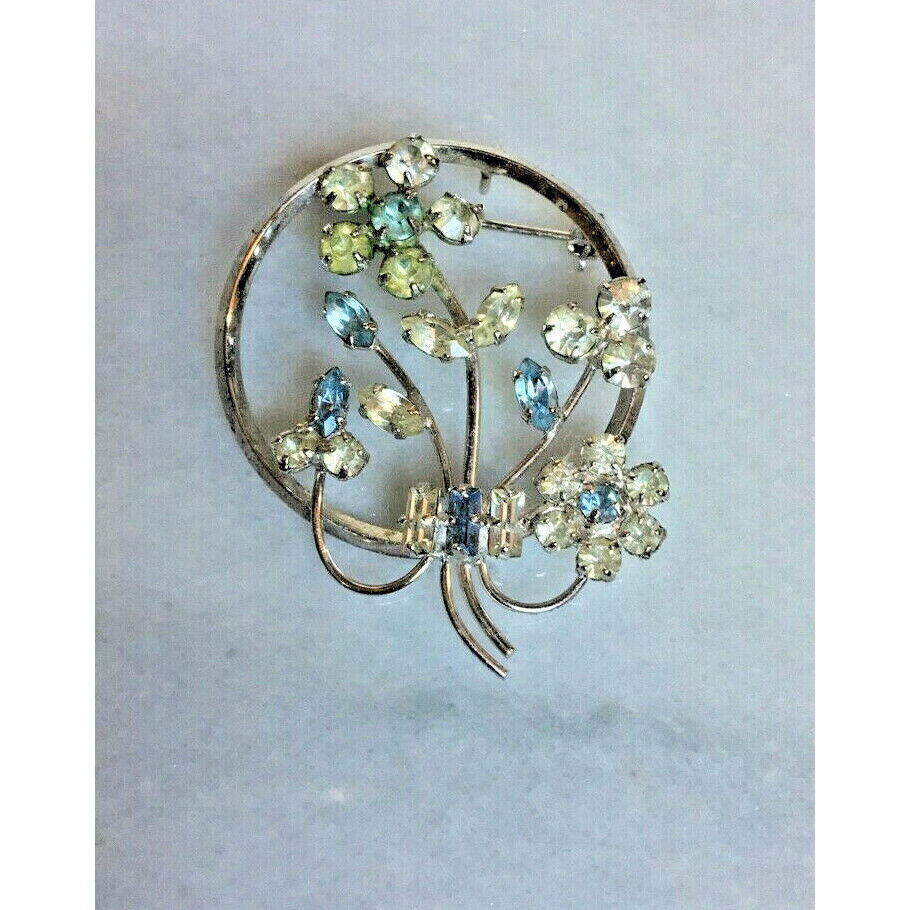 ELEGANT D'OR 925 STERLING SILVER BLUE & CLEAR RHINESTONES FLORAL BROOCH SKY