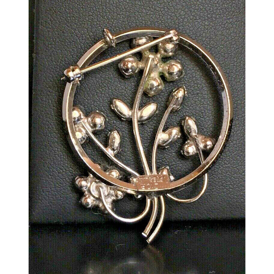 ELEGANT D'OR 925 STERLING SILVER BLUE & CLEAR RHINESTONES FLORAL BROOCH SKY