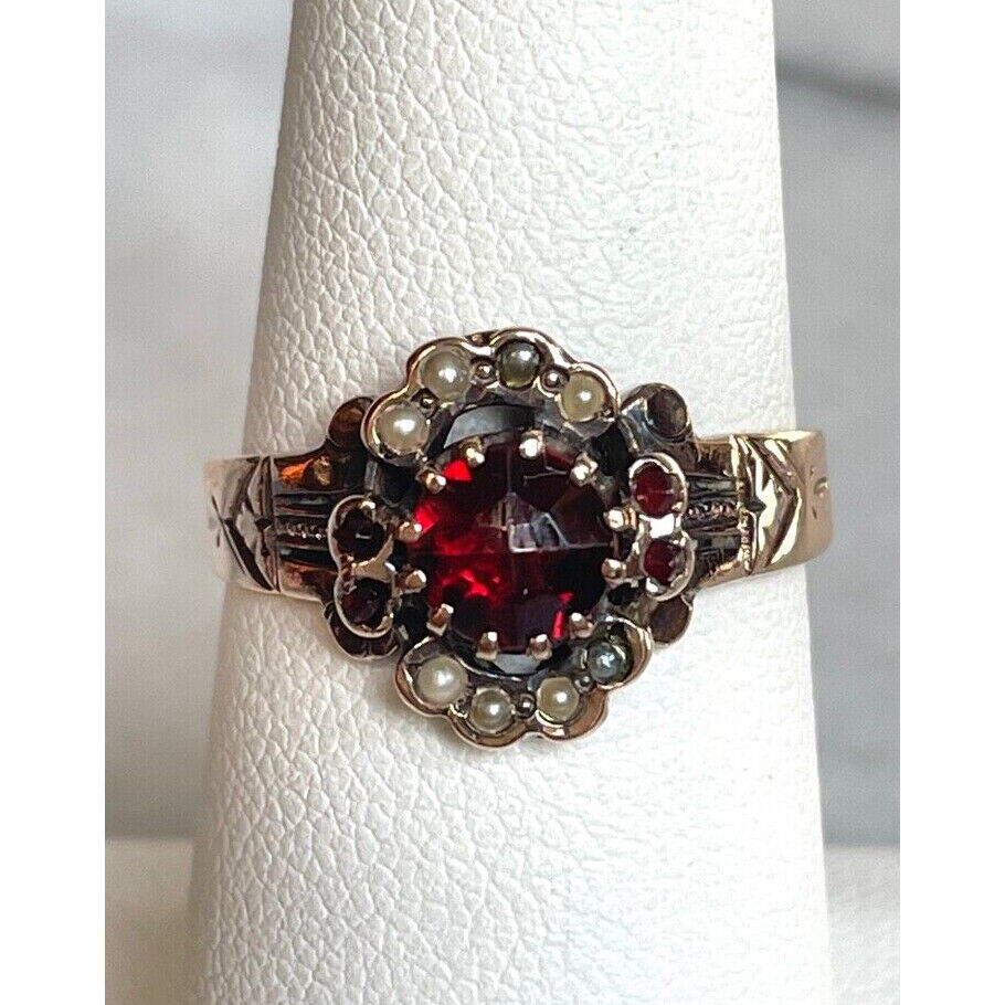 EDWARDIAN YELLOW GOLD SEEDPEARL AND GARNET RING SIZE 7.25 SKY