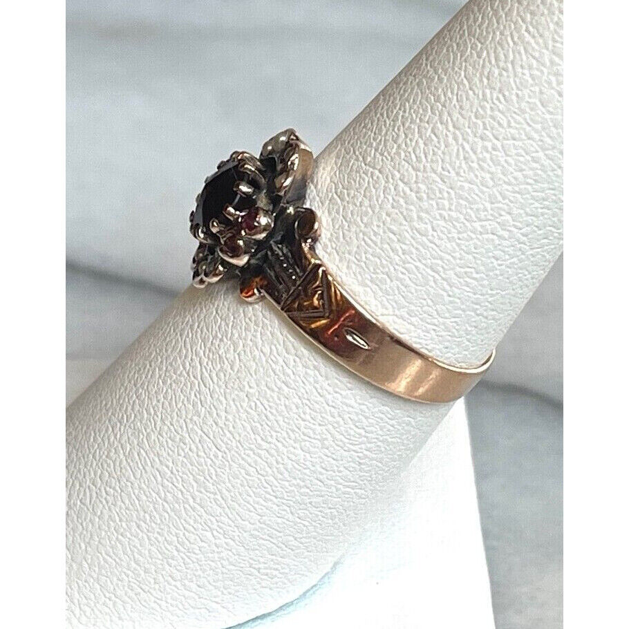 EDWARDIAN YELLOW GOLD SEEDPEARL AND GARNET RING SIZE 7.25 SKY