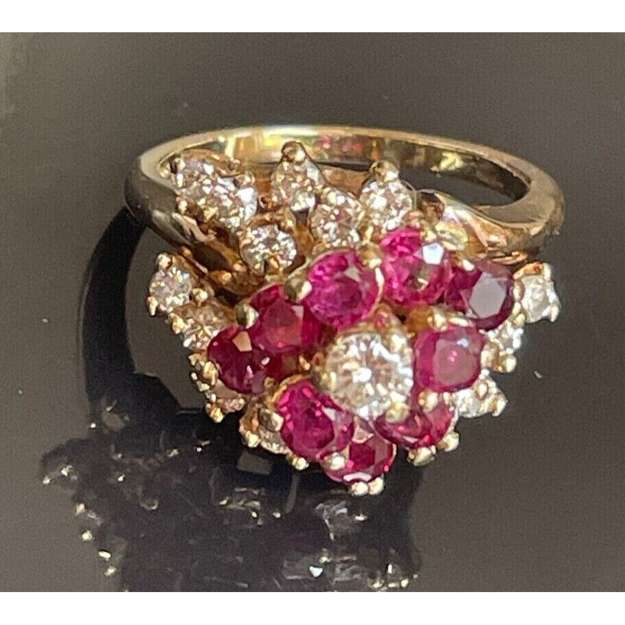 SHOWY 14K YELLOW GOLD DIAMOND AND RED SPINEL COCKTAIL RING SIZE 6.75 SKY