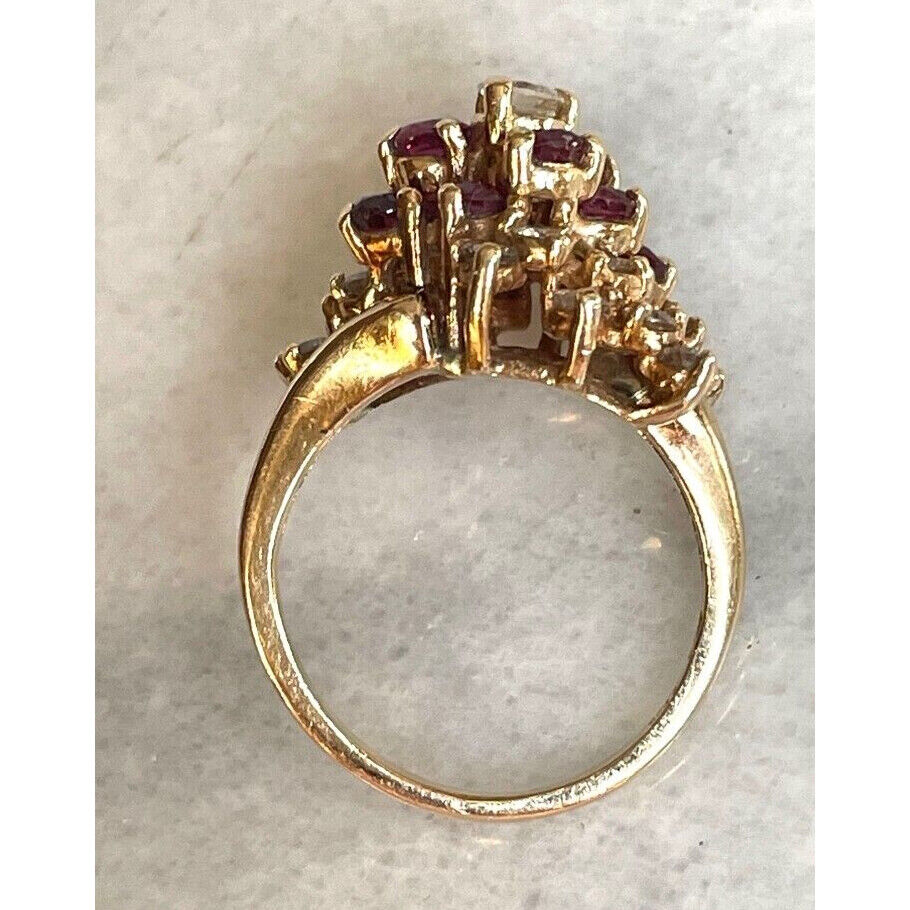 SHOWY 14K YELLOW GOLD DIAMOND AND RED SPINEL COCKTAIL RING SIZE 6.75 SKY