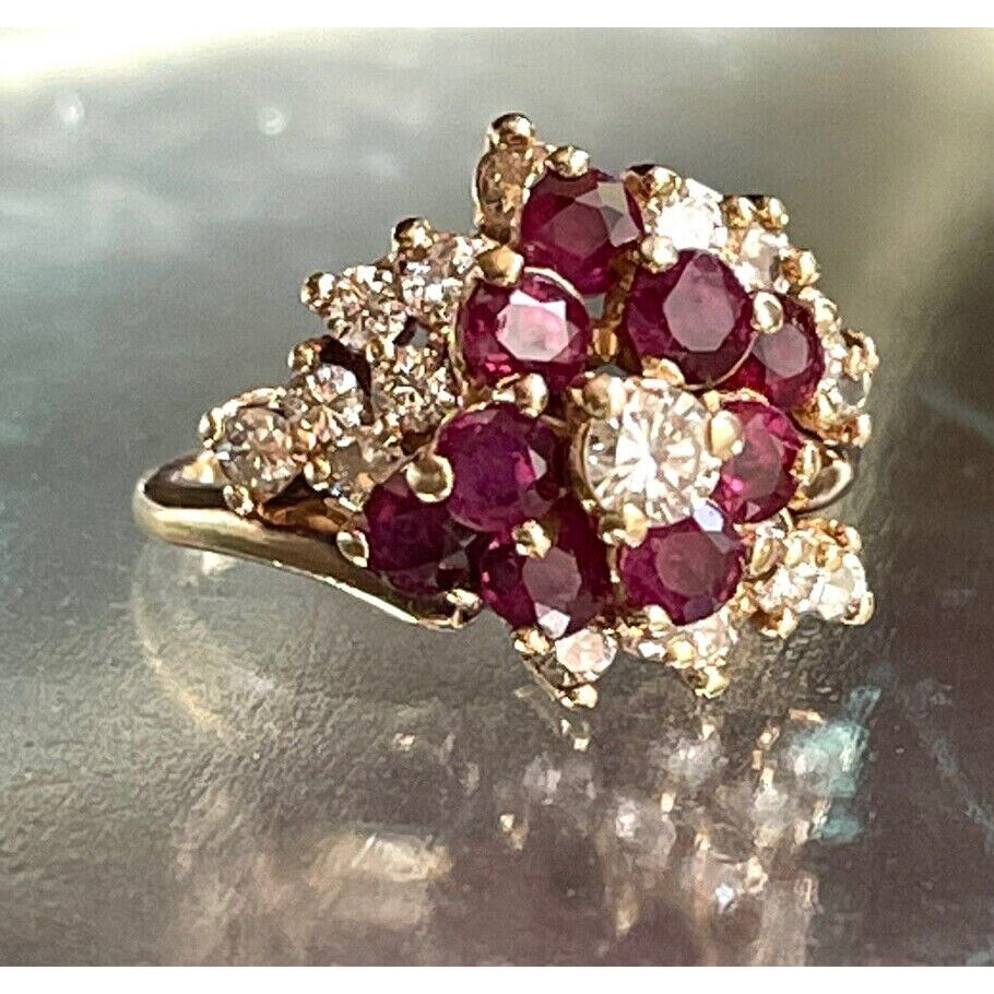 SHOWY 14K YELLOW GOLD DIAMOND AND RED SPINEL COCKTAIL RING SIZE 6.75 SKY