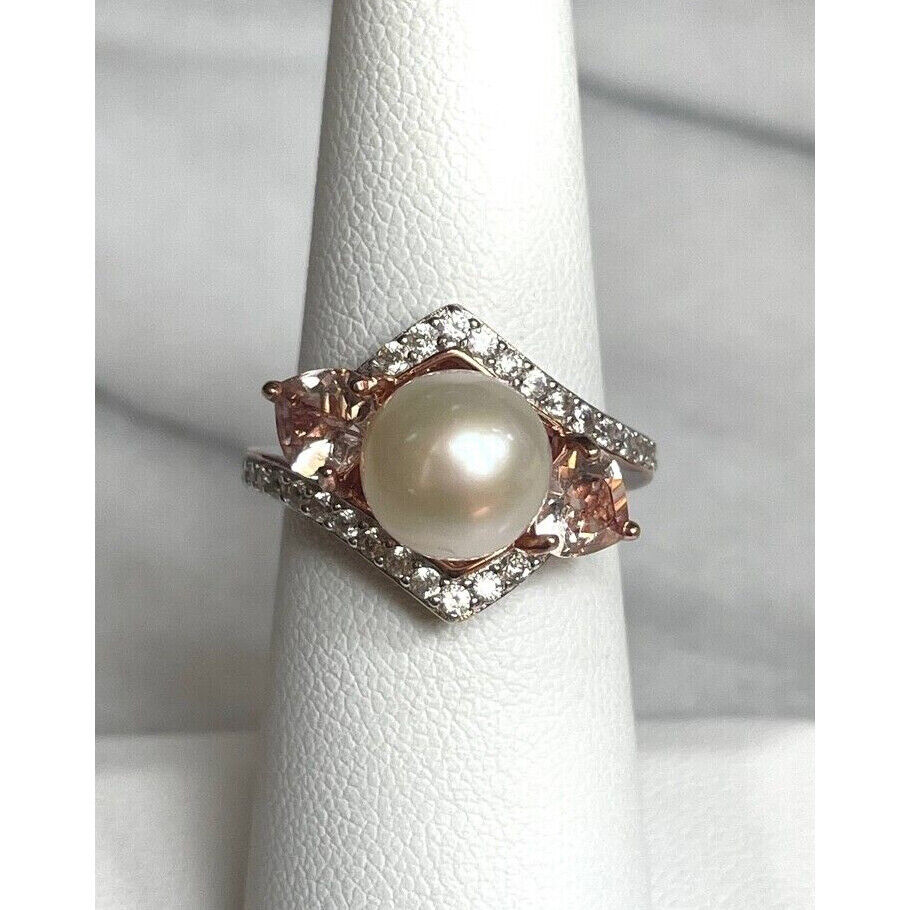 925 STERLING SILVER VERMEIL HELIODOR, GOSHENITE AND PEARL RING SIZE 6.75 SKY