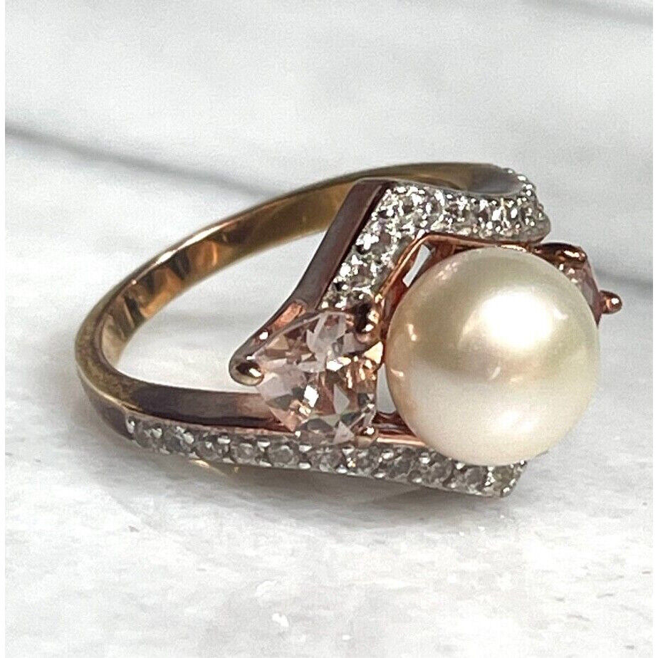 925 STERLING SILVER VERMEIL HELIODOR, GOSHENITE AND PEARL RING SIZE 6.75 SKY