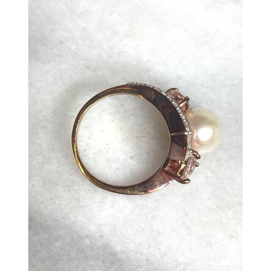 925 STERLING SILVER VERMEIL HELIODOR, GOSHENITE AND PEARL RING SIZE 6.75 SKY