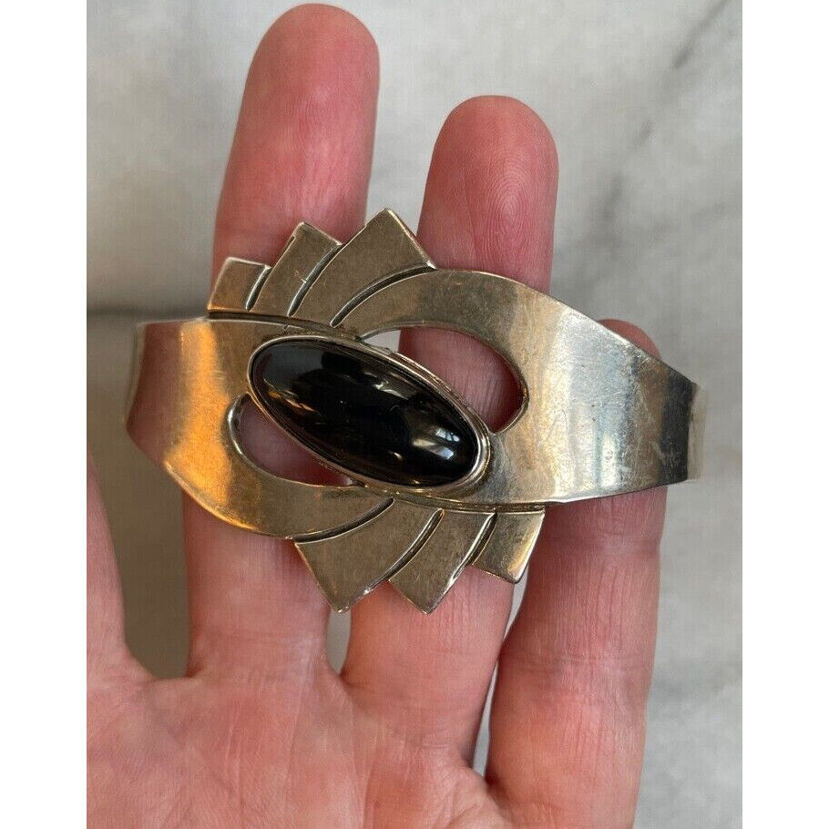 LARGE MODERNIST TAXCO 925 STERLING BLACK ONYX CUFF SILVER BRACELET SKY