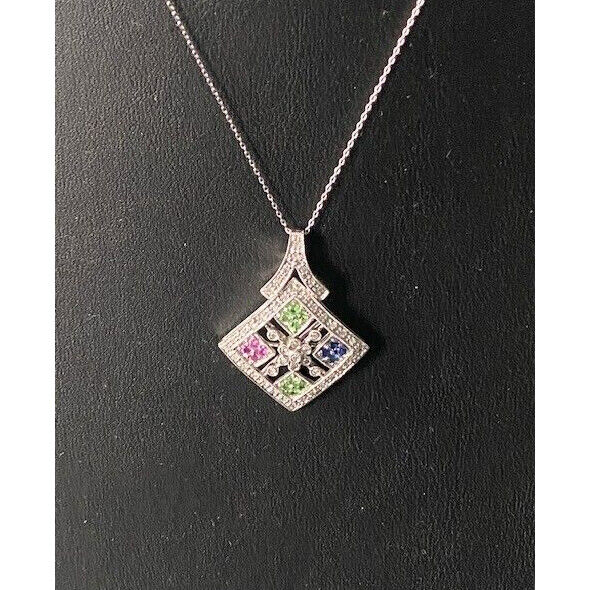 WHITE GOLD DIAMOND & MULTI GEMSTONES PENDANT NECKLACE SKY