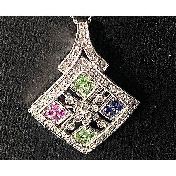 WHITE GOLD DIAMOND & MULTI GEMSTONES PENDANT NECKLACE SKY