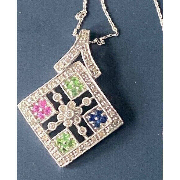 WHITE GOLD DIAMOND & MULTI GEMSTONES PENDANT NECKLACE SKY