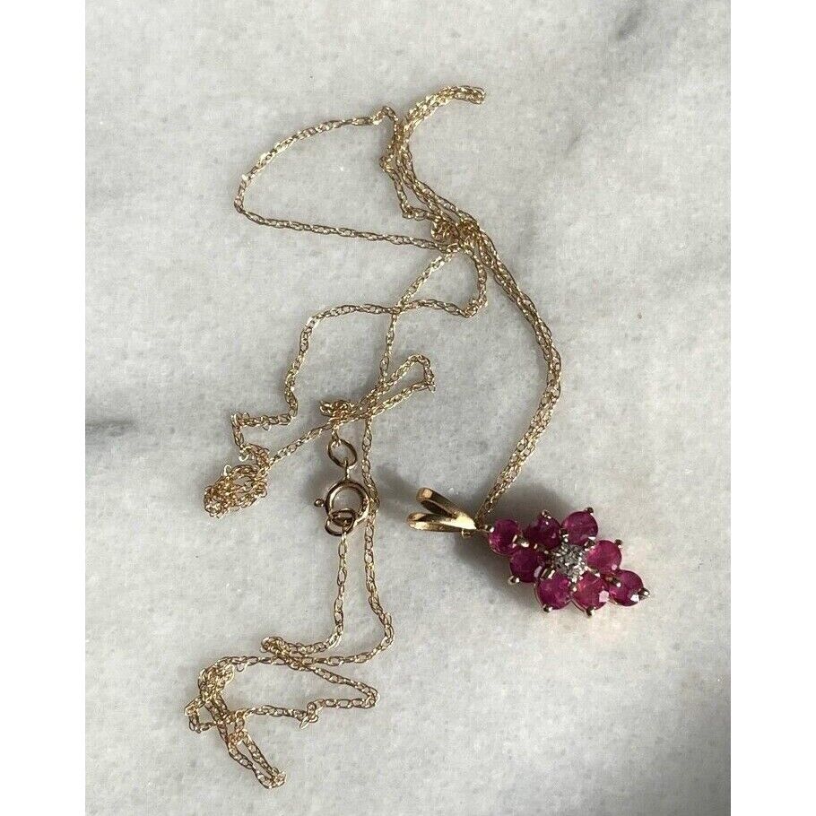 14K YELLOW GOLD  RUBY AND DIAMOND PENDANT NECKLACE SKY