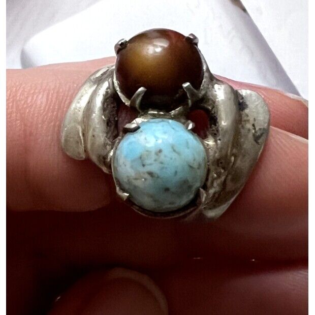 925 STERLING SILVER TURQUOISE AND AGATE RING SIZE 5.5 SKY