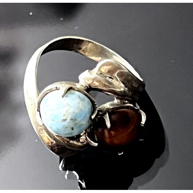 925 STERLING SILVER TURQUOISE AND AGATE RING SIZE 5.5 SKY