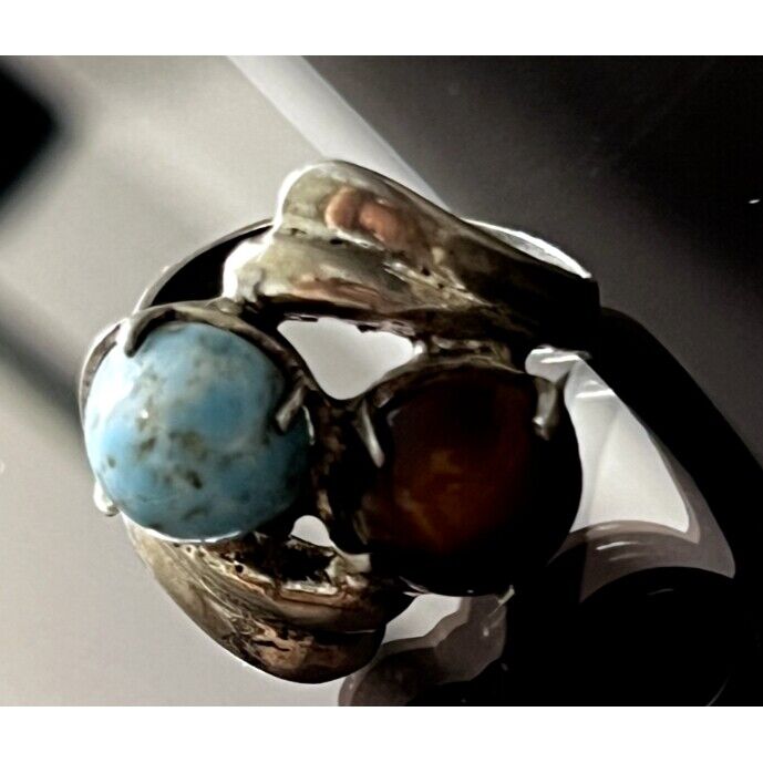 925 STERLING SILVER TURQUOISE AND AGATE RING SIZE 5.5 SKY