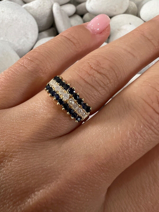 10K YELLOW GOLD BLUE & WHITE SAPPHIRE RING SIZE 6