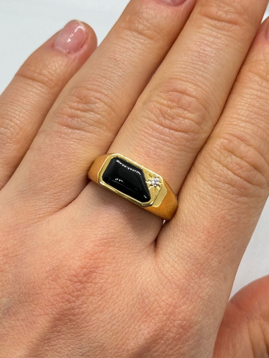 925 STERLING SILVER GOLD PLATED BLACK AGATE & DIAMOND RING SIZE 8