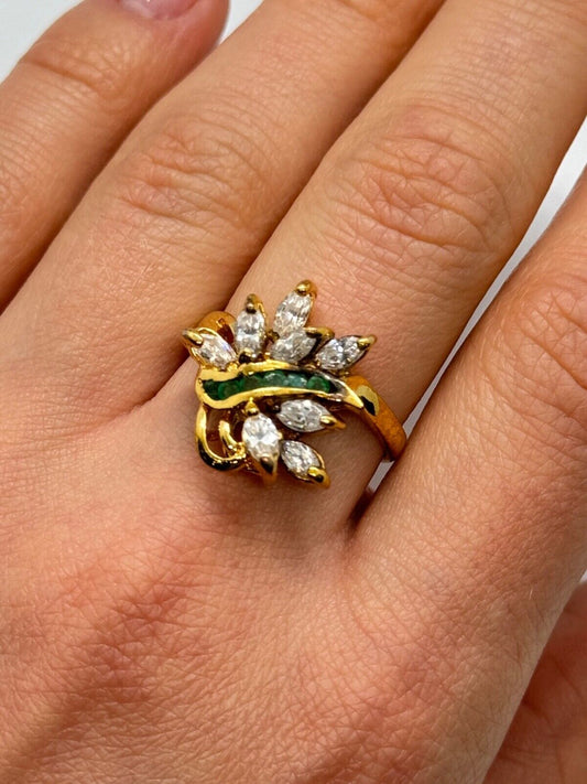 925 STERLING SILVER GOLD PLATED EMERALD & GOSHENITE RING SIZE 8