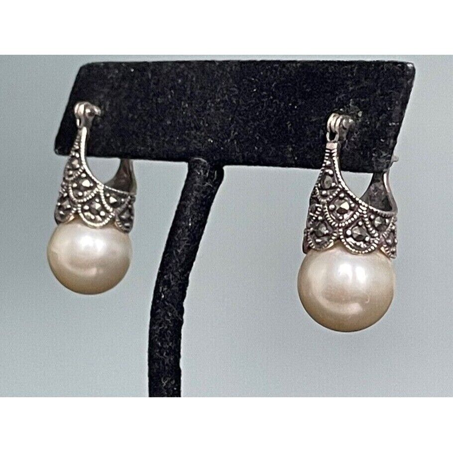 925 STERLING SILVER LAB-CREATED PEARLS AND MARCASITES EARRINGS SKY