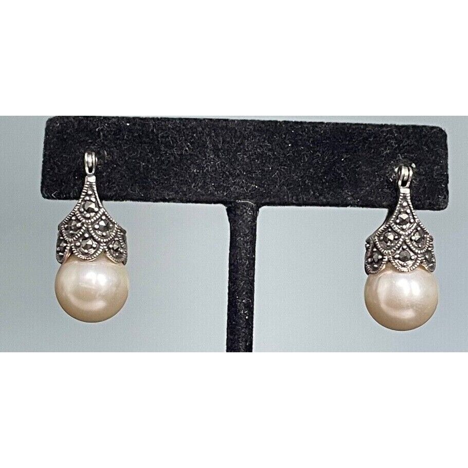 925 STERLING SILVER LAB-CREATED PEARLS AND MARCASITES EARRINGS SKY