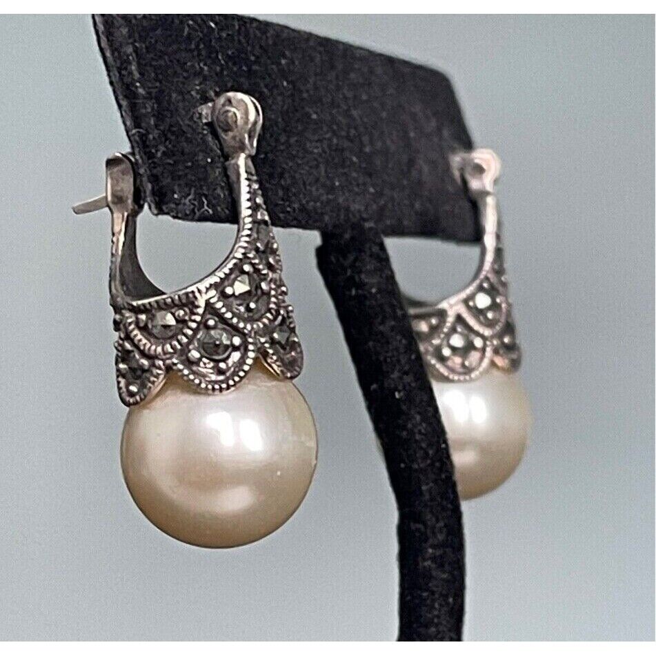 925 STERLING SILVER LAB-CREATED PEARLS AND MARCASITES EARRINGS SKY