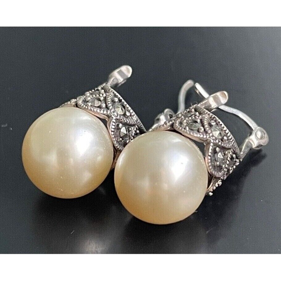 925 STERLING SILVER LAB-CREATED PEARLS AND MARCASITES EARRINGS SKY